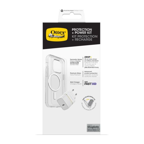 OtterBox Bundle Kit for iPhone 15 Pro - Symmetry Clear Case w/MagSafe, Premium Glass, USB-C 30W Wall Charger White
