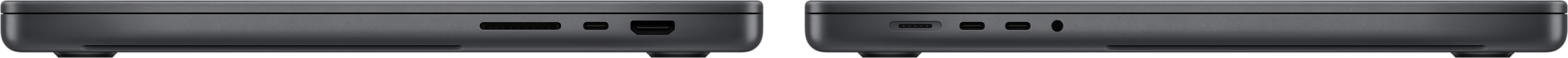 MacBook Pro sivulta, näkyvissä SDXC-korttipaikka, kolme Thunderbolt 4 ‑porttia, HDMI-portti, MagSafe 3 ‑latausportti ja kuulokeliitäntä.