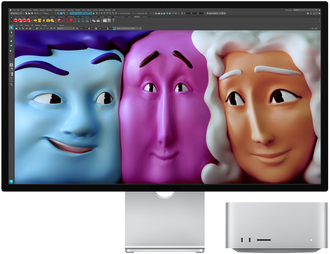 Mac Studio edestä Studio Displayn kanssa