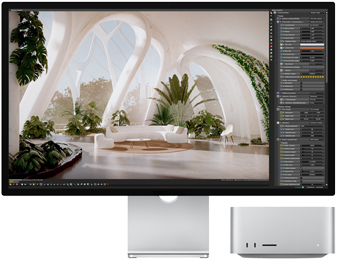 Studio Display edestä Mac Studion vieressä
