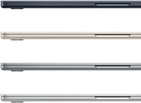 Neljä MacBook Air ‑kannettavaa esittelevät värivaihtoehdot: keskiyö, tähtivalkea, tähtiharmaa ja hopea