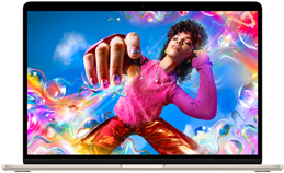 MacBook Airin näytöllä on värikäs kuva, jonka avulla esitellään Liquid Retina ‑näytön väriskaalaa ja tarkkuutta