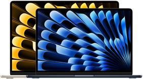 13 tuuman ja 15 tuuman MacBook Air ‑mallien etunäkymä, jossa esitellään näyttöjen kokoa (mitattuna lävistäjästä)