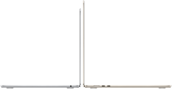 13 tuuman ja 15 tuuman MacBook Air ‑mallit aukaistuina selät vastakkain