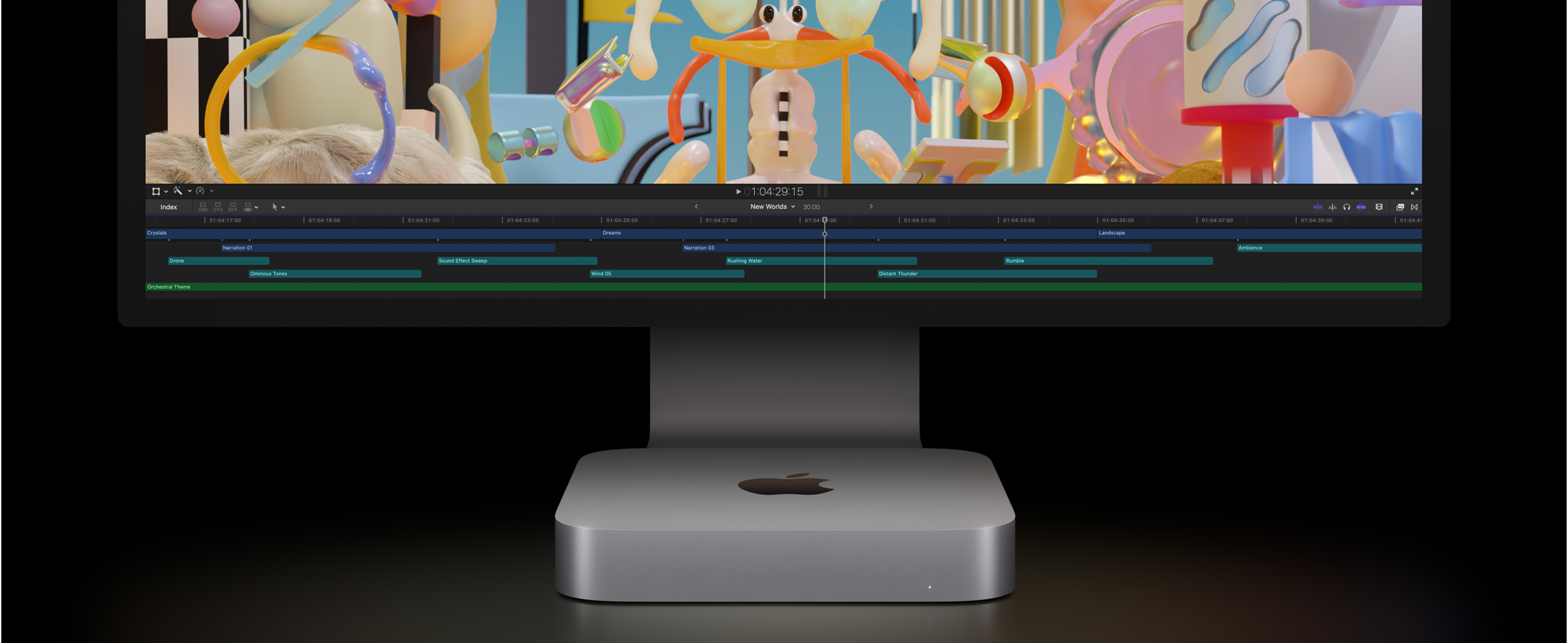 Näkymä edestä Mac ministä ja Studio Displaysta, näytöllä videoeditointiprojekti Final Cut Prossa.