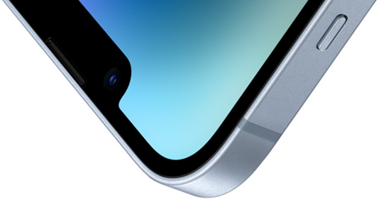 Vasen yläkulma iPhone 14:stä, jossa on Ceramic Shield ‑etulasi
