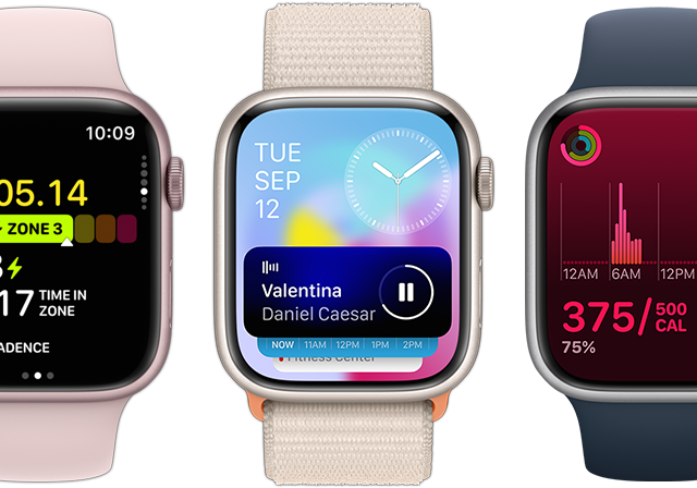 Lähempi etunäkymä kolmesta Apple Watch ‑laitteesta.