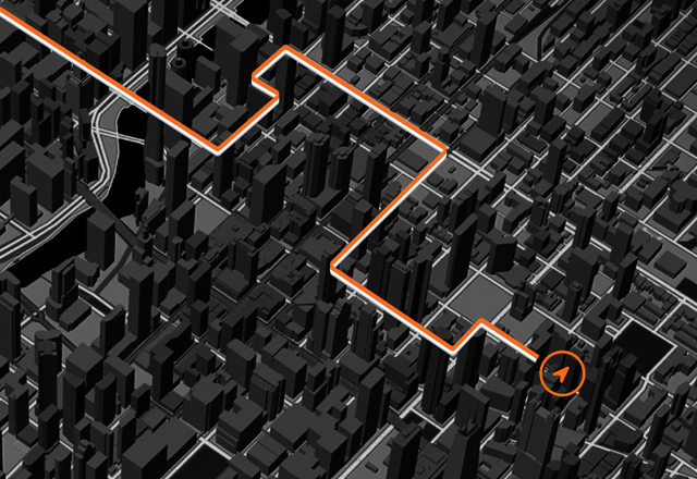 Kartassa näkyy korostettu reitti tiiviin kaupunkiympäristön halki, mikä näyttää tarkat GPS-ominaisuudet