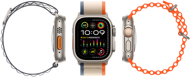 Kuvassa näkyy Apple Watch Ultra 2:n yhteensopivuus kolmen eri ranneketyypin kanssa, suuri näyttö, järeä titaanikuori, oranssi toimintopainike ja Digital Crown