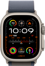 Apple Watch Ultra 2 kiinnitettynä siniseen Alpine-rannekkeeseen, jossa näkyy kellotaulu komplikaatioineen, mukaan lukien GPS, lämpötila, kompassi, korkeus ja treenitiedot