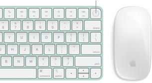 Lähikuva ylhäältä Touch ID:llä varustetusta Magic Keyboardista, jonka vieressä on Magic Mouse.