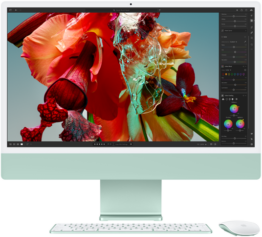 iMacin näytöllä on Adobe Lightroomissa näkyvä värikäs kukka, jonka avulla esitellään Retina 4,5K ‑näytön väriskaalaa ja tarkkuutta.