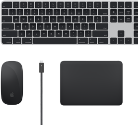 Macin lisävarusteet ylhäältä: Magic Keyboard, Magic Mouse, Magic Trackpad ja Thunderbolt-johdot.