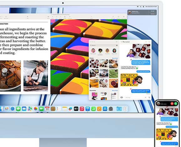 iMac ja iPhone vierekkäin, kuvassa esitellään Jatkuvuus-ominaisuutta jakamalla tekstiviestikeskustelu ja kuvia iPhonen ja iMacin välillä.