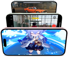 Kuvassa on peräkkäin kolme iPhonea, joiden näytöillä näkyy pelejä ja videotallenne, kuva havainnollistaa poikkeuksellisen suorituskykyistä sirua