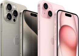 Etu‑ ja taustanäkymä luonnontitaanisesta iPhone 15 Prosta ja pinkistä iPhone 15:stä