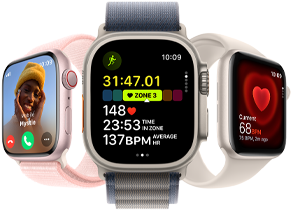 Apple Watch Series 9 suunnattu hieman vasemmalle, Apple Watch Ultra 2 suunnattu eteenpäin ja Apple Watch SE suunnattu hieman oikealle