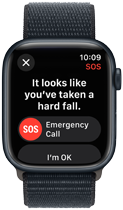 Apple Watch Series 9, joka havaitsee rajun kaatumisen ja näyttää vaihtoehdon hätäpuhelun soittamiseen