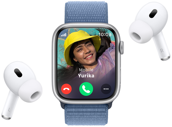 Apple Watch Series 9, jossa näkyy saapuvan puhelun näyttö ja lähellä olevat AirPods Pro ‑kuulokkeet