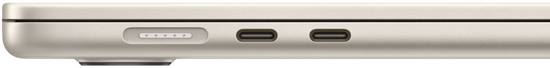 MagSafe-portti laitteen vasemmassa takakulmassa. Kaksi Thunderbolt-porttia laitteen vasemmalla sivulla MagSafe-portin edessä