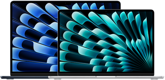13 ja 15 tuuman MacBook Air ‑mallien etunäkymä, jossa esitellään näyttöjen kokoa (mitattuna lävistäjästä)