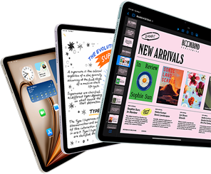 Kolme iPad Airin näyttöä, joilla näkyy iPadOS:n ja appien ominaisuuksia